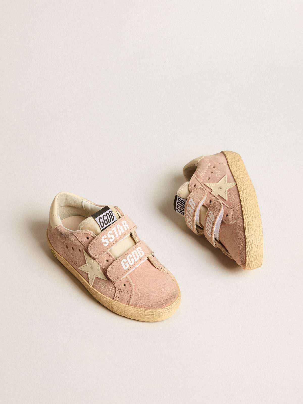 Old School Young in pink suede with cream leather star and heel tab