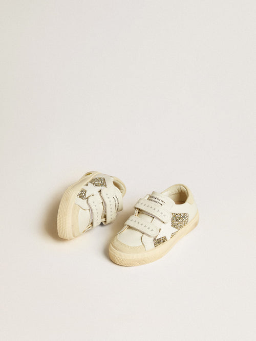 May School Young in glitter with leather star and suede heel tab